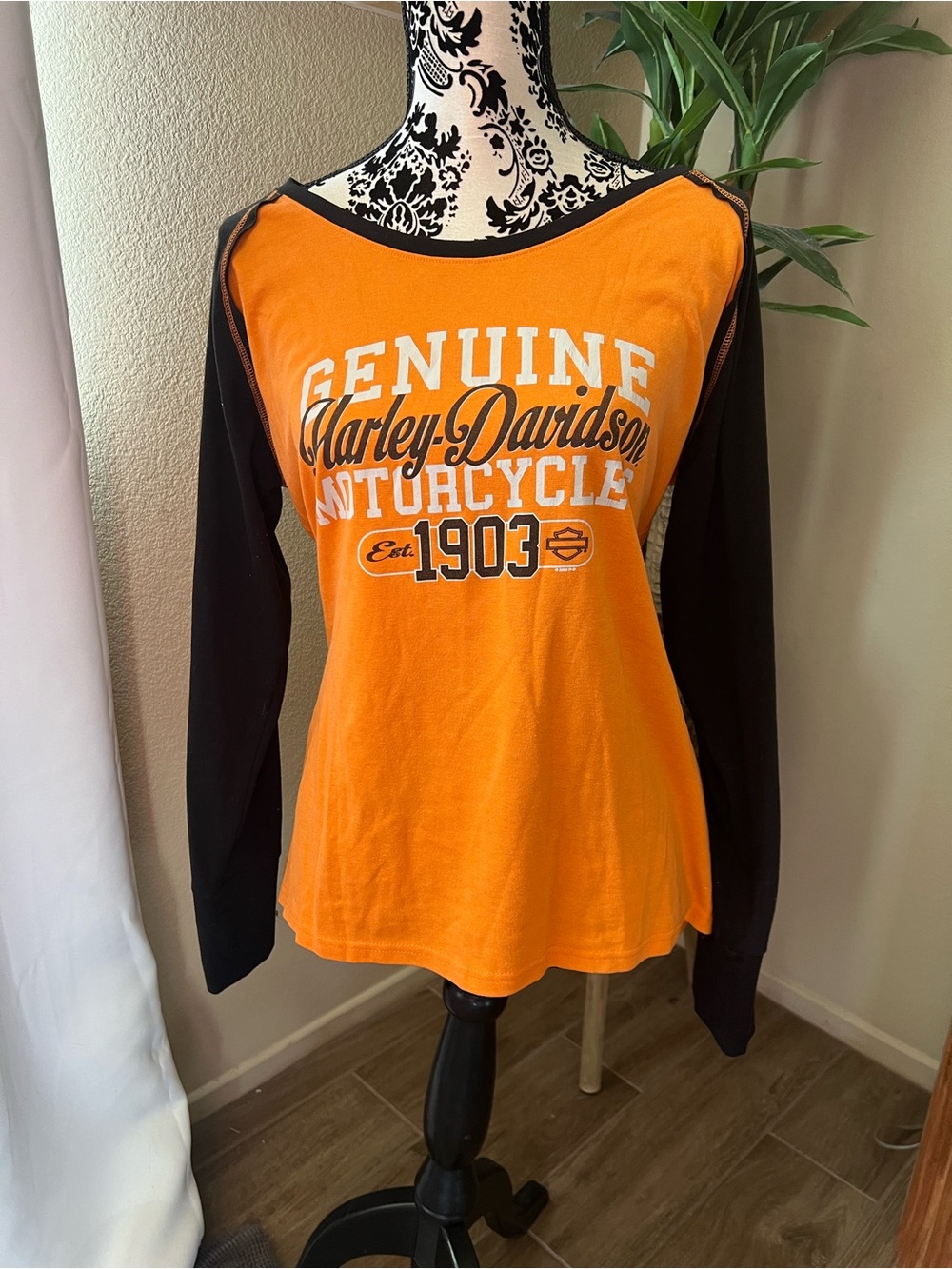 Harley-Davidson Orange Front Graphic Long Sleeve Shirt with Black Sleeves